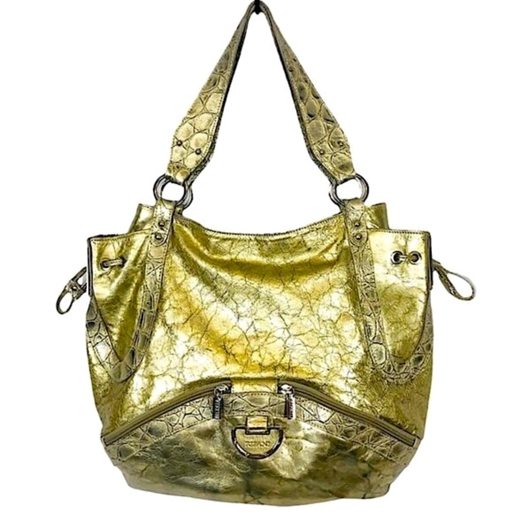 RIPANI Metallic Soft Gold Reptile Embossed Italian Patent Leather Zipper Tote